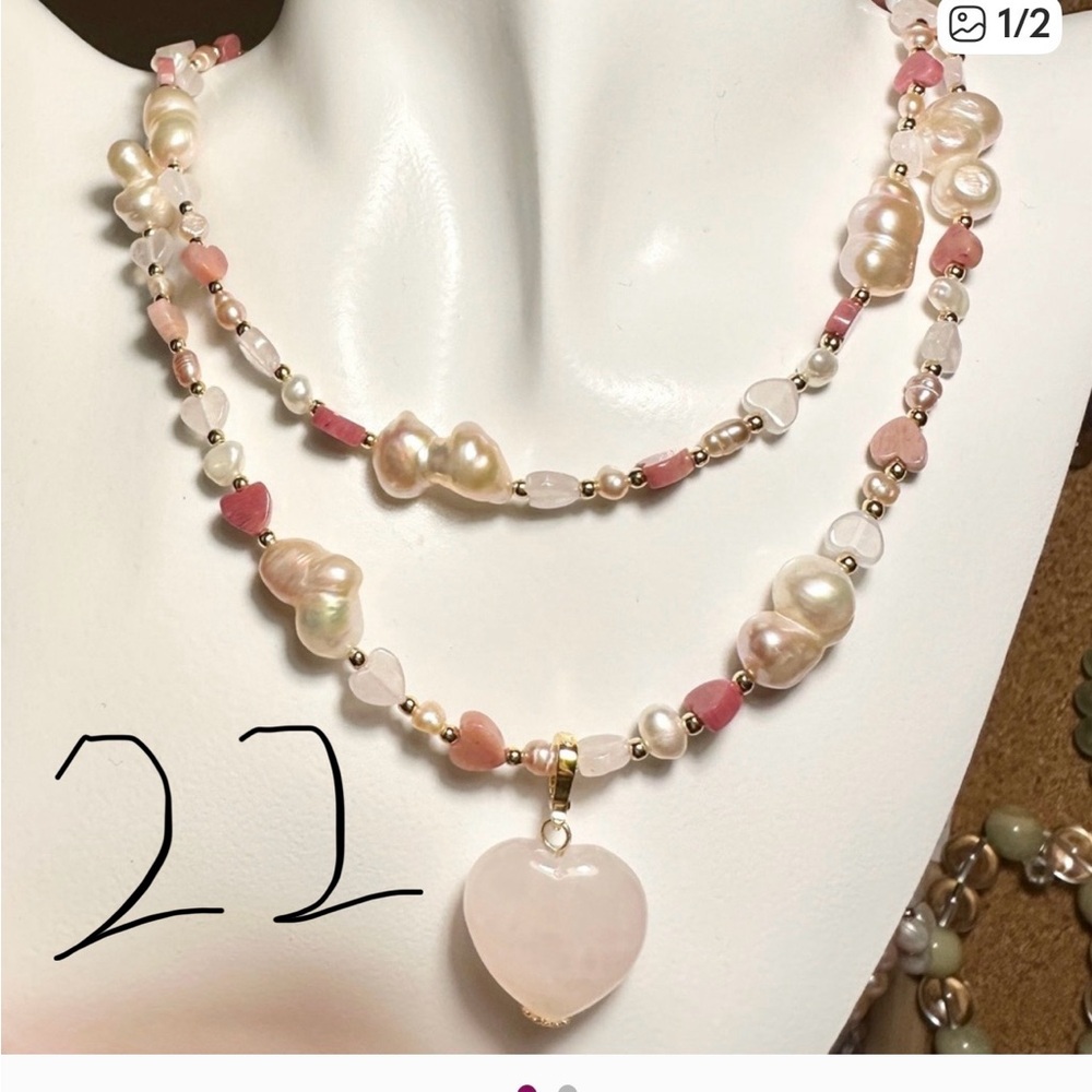Pearl Necklace with Removable Rose Quartz Pendant 34 inches